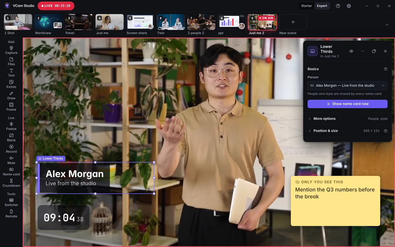 A presenter with a name card, and the editing panel open.