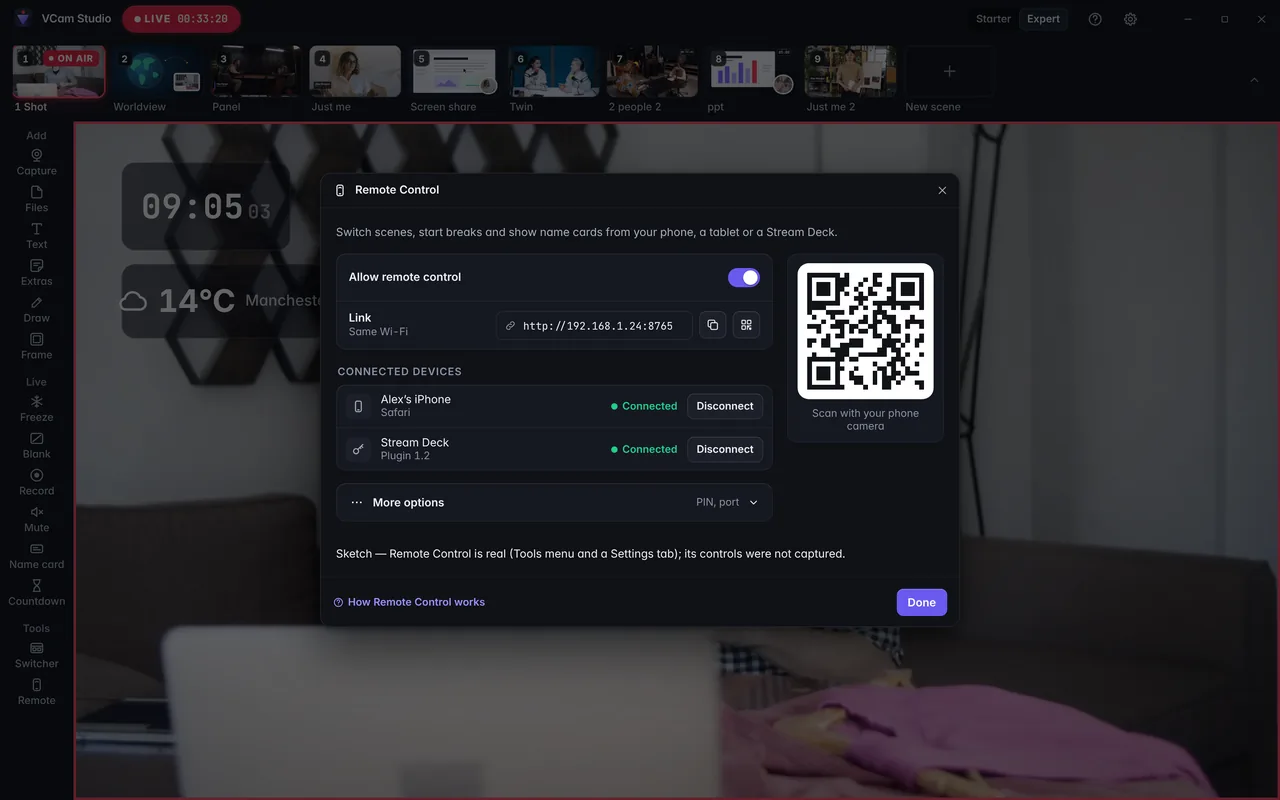 Remote Control: a QR code to control VCam Studio from a phone.