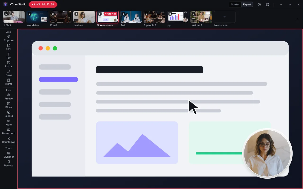 A screen share with the presenter in a circle in the corner.