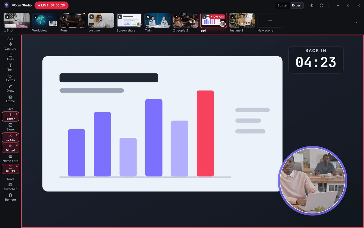 The live toolbar showing Frozen, Muted, a break countdown and recording.